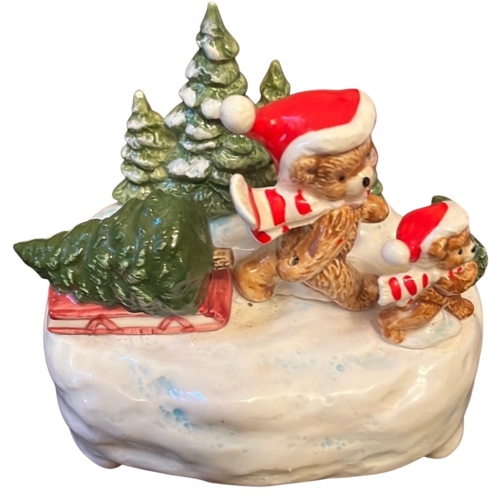 Otagiri 1980's Bears Pulling Christmas Tree In Sled Music Box